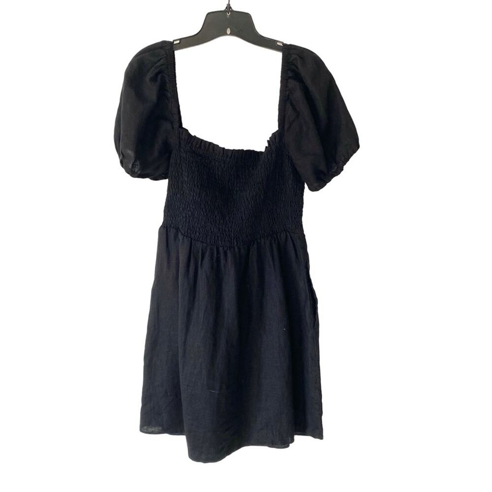 J. Crew Black Linen Smocked Puff Sleeve Dress size medium - Picture 2 of 8